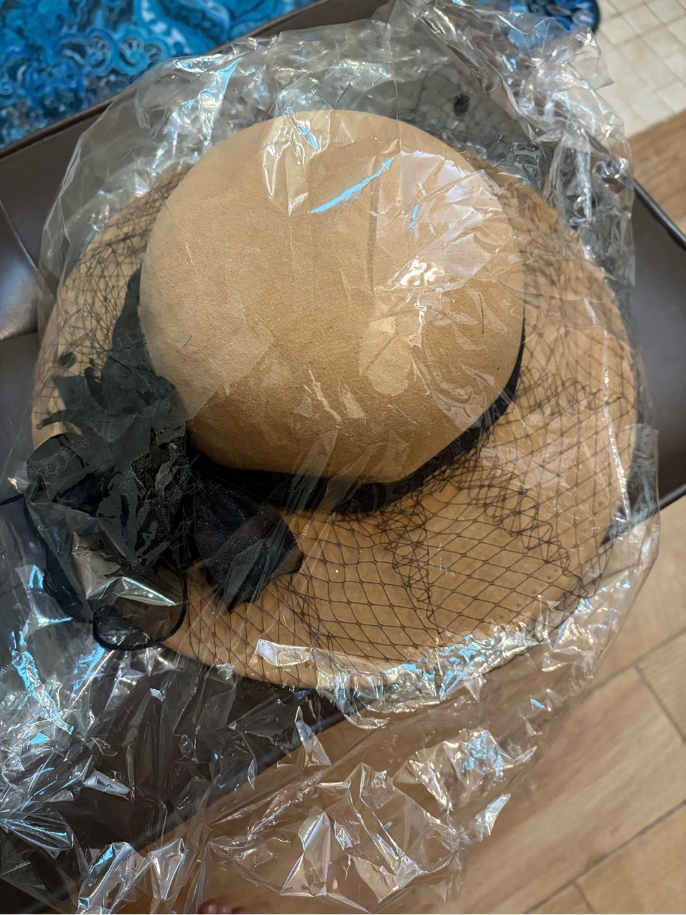 Women's Tan Wide-Brim  Hat with Black Veil and Bow Accent